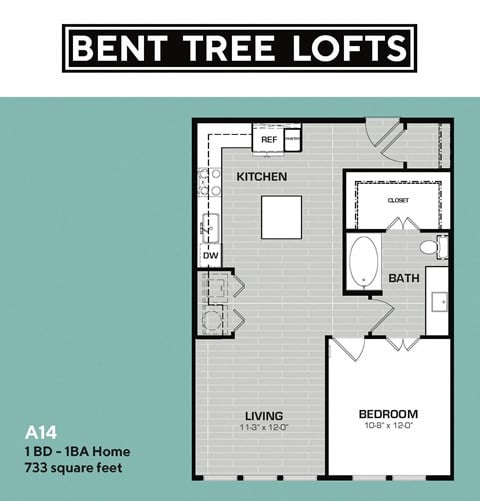 Floor plan for 1 bed, 1 bath, 733 sqft